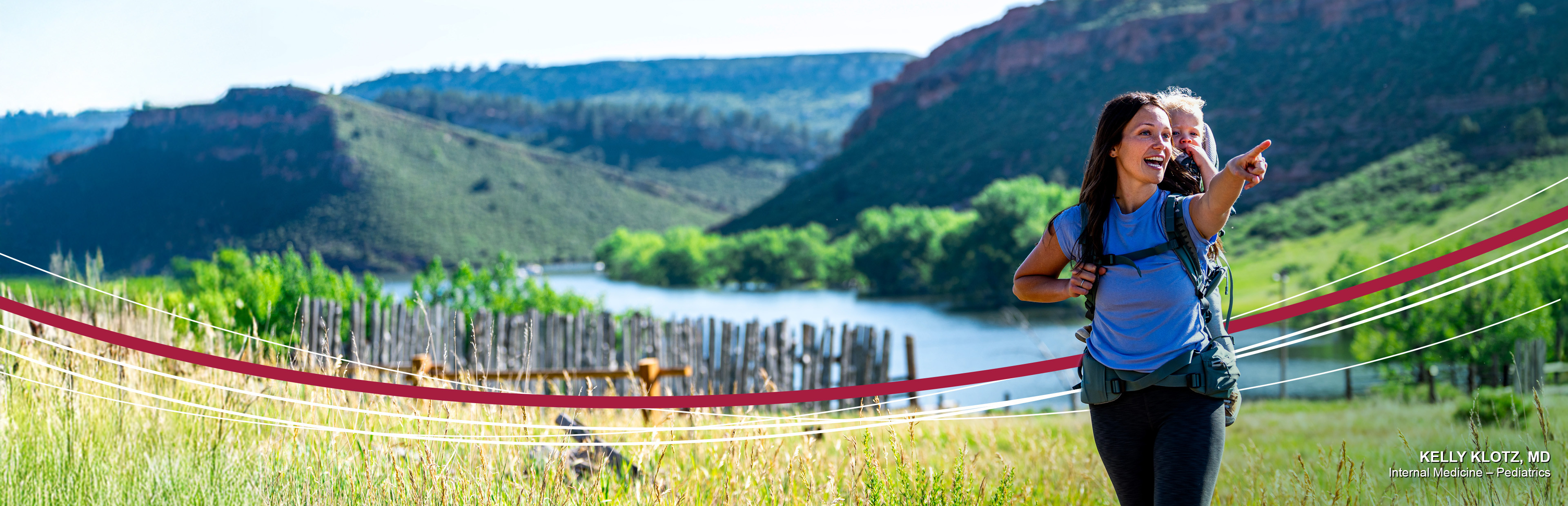 Smiling woman hiking by a lakeside meadow, pointing toward forested hills; decorative swooshes and a doctor’s name appear.