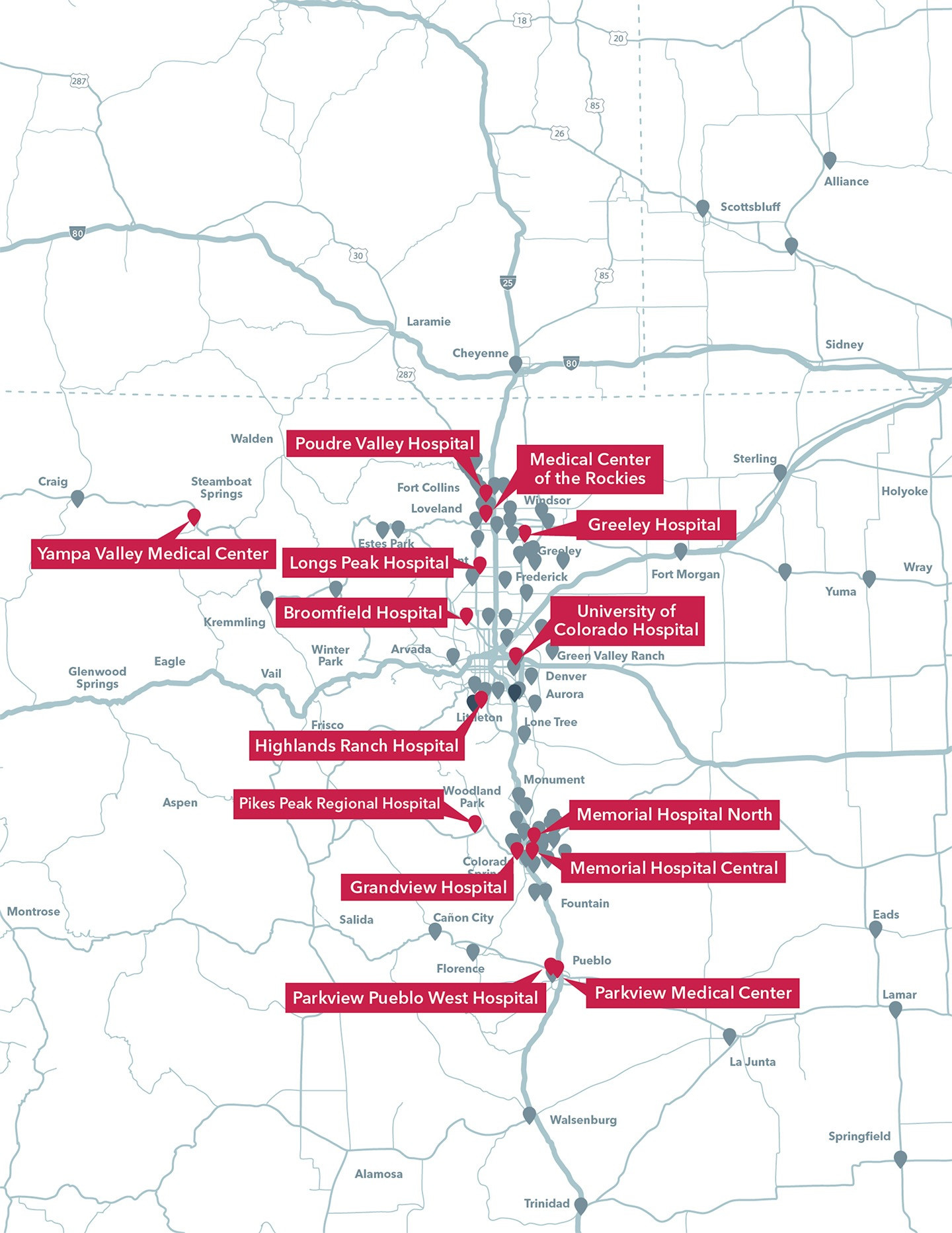 Map showing UCHealth locations across Colorado